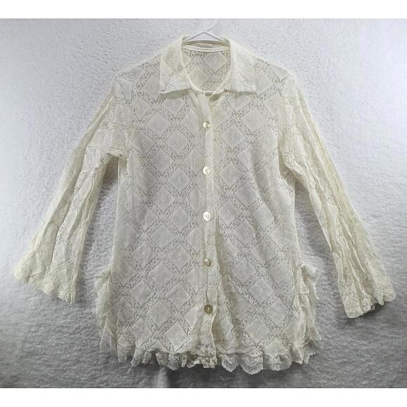 Tops - Cream Lace Button Up Long Sleeve Blouse Womens Bohemian Cottage